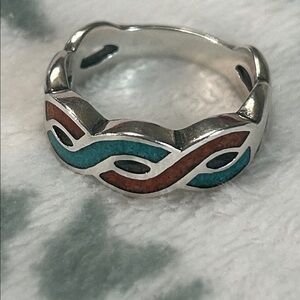 Carolyn Pollack Sterling Silver Turquoise & Coral Twist Band Ring. Unisex